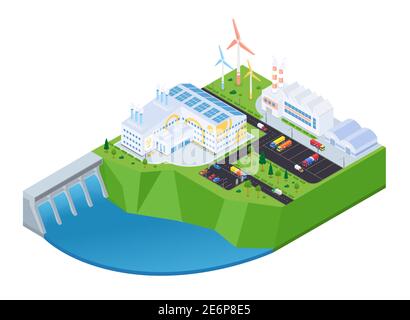 Green energy - modern vector colorful isometric illustration. Industrial landscape with solar panels, wind turbines, eco factory, water power plant, c Stock Vector
