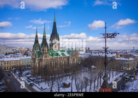 Lviv, Ukraine - January 29, 2021: Aerial veiw on Elizabeth church in Lviv, Ukraine from drone Stock Photo