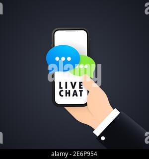 Live chat banner. Hand holding phone in hand with message icon. Communication. Conversation sign. Vector on isolated white background. EPS 10. Stock Vector