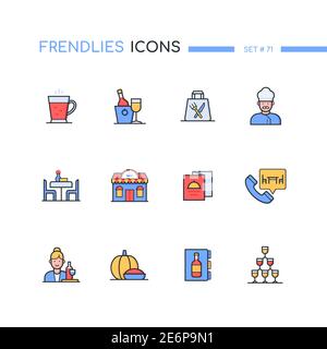 Restaurant - modern line design style icons set. Food and drinks, cafe idea. Alcoholic beverages, chef, waitperson, reservation, table for two, celebr Stock Vector