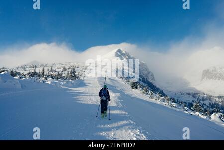 Male ski tourer walking up a summit in the alps. Young man enjoying the view during mountain ski touring Stock Photo