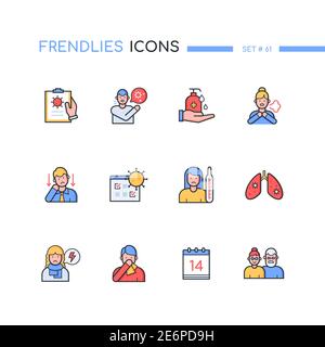 Coronavirus Disease - line design style icons set. Fever, tiredness, dry cough ,difficulty breathing, runny nose, sore throat, pneumonia symptom. Quar Stock Vector