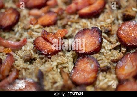 Close up of tradicional portuguese dish Arroz de Pato with rice, duck, bacon and chorizo Stock Photo