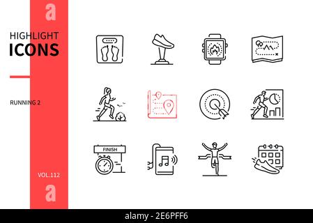 Running - modern line design style icons set. Sport concept. Progress tracking mobile app idea. Scales, award, calories burnt, cross-country route, go Stock Vector