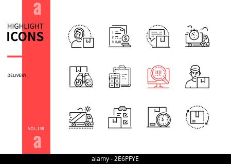 Delivery - modern line design style icons set. Logistics and transportation idea. Support, price list, request, express service, status, rates calcula Stock Vector