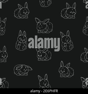 Gray white repeat seamless pattern of cute rabbits with different emotions. Happy, unhappy, wondered, in love and sad bunnies. Chalk blackboard effect Stock Vector
