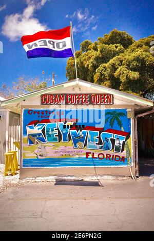 Cuban Coffee Queen in Key West, FL, Florida.  Established 2009, with three locations in Key West.  Best fresh roasted coffee, Cafe con leche Stock Photo