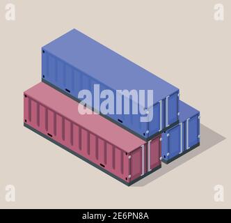 Isometric vector illustration with blue and red containers standing on each other. Stock Vector