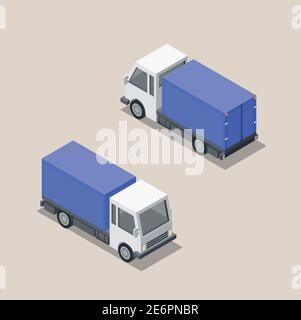 Vector isometric illustration of blue cargo car. Front and back sides of truck. Cargo van delivery. Stock Vector