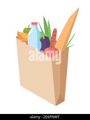 Vector isometric paper package with natural products. Grocery bag isolated. Natural organic food from the farm. Stock Vector
