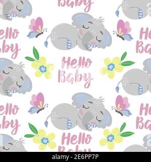 Seamless pattern on a white background, in vector graphics - blue, cute elephant and text hello baby. For decorating textiles, covers, prints for Stock Vector
