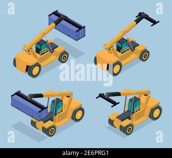 Vector isometric illustration of reach stacker. Front and back sides of container loader. Stock Vector