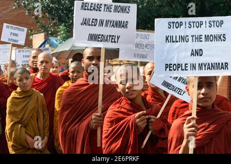 Dozens of pro-democracy activists attend a protest rally in Kathmandu October 1, 2007, denouncing the crackdown against peaceful demonstrators in military-ruled Myanmar. REUTERS/Gopal Chitrakar (NEPAL)