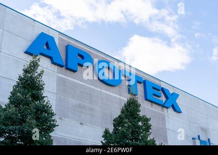 Woodbridge, Ontario, Canada - October 8, 2020: Close up Apotex sign on the building. Stock Photo
