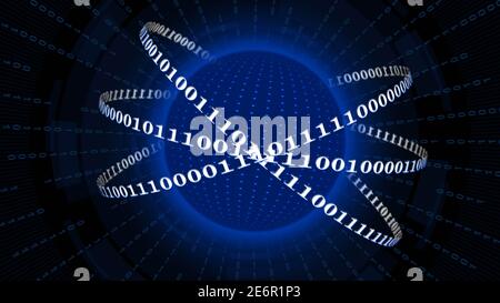Abstract digital earth encircled by binary code lines with binary rays and blurred hud elements on background - global communication network concept Stock Photo