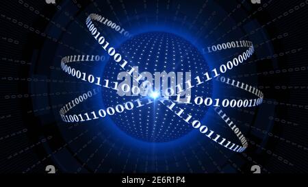 Abstract digital earth encircled by binary code lines with binary rays and blurred hud elements on background - global communication network concept Stock Photo