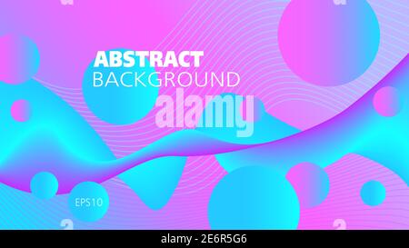 Bright cyan, purple fluid, magenta background. Flowing liquid. Abstract wave pattern and spheres. Neon colored 3d shapes. Futuristic design. EPS10 Stock Vector