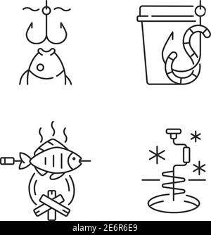 Cooking freshly caught fish linear icons set Stock Vector