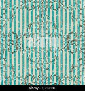 Seamless baroque style damask pattern. Watercolor hand drawn teal texture on glitter striped background. Contemporary and retro design print for fabri Stock Photo