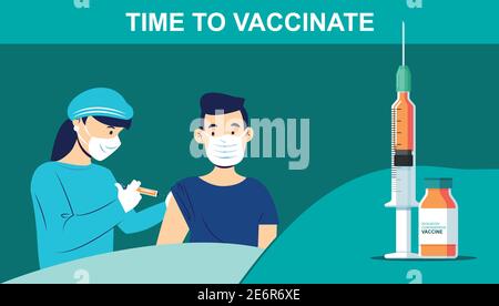Time to Vaccinate. Corona Virus, Covid-19 vaccination awareness concept. Flat style illustration. Stock Vector
