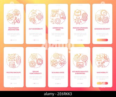 Software-as-service strong points onboarding mobile app page screen with concepts set Stock Vector