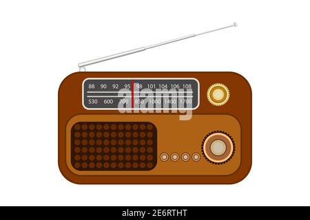 Old radio with antenna isolated on white background. Vintage portable radio receiver. World Amateur Radio Day. FM recorder. Stock vector illustration Stock Vector