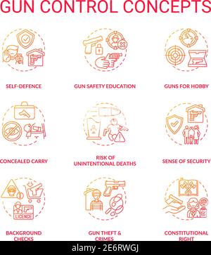 Gun control red gradient concept icons set Stock Vector