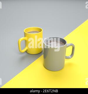 Two pots of freshly brewed coffee in the colors of the year 2021 Illuminated Yellow and Ultimate Gray. Both colors also used on the split surface area Stock Photo