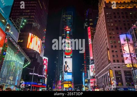 Famous Toshiba New York Tower with Animated Screens in Times Square at Night. New York City, USA Stock Photo