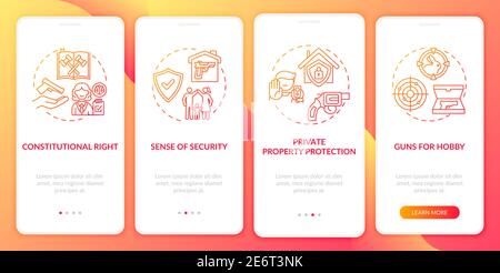 Gun rights red onboarding mobile app page screen with concepts Stock Vector