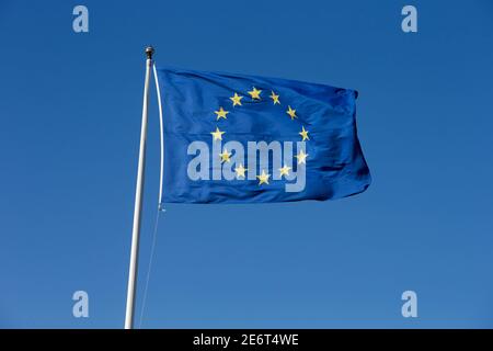 ASKERSUND, SWEDEN- 3 MAY 2014:EU flag. The European Union (EU) is a political and economic union of 27 member states that are located primarily in Europe. Stock Photo