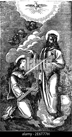 Jesus Christ igniting love in heart of young woman carrying cross. Antique vintage christian religious engraving or drawing illustration. Stock Vector