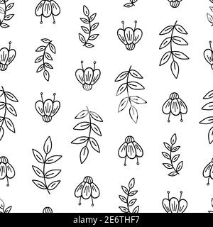 Fancy flowers, leaves seamless pattern simple vector minimalist concept outline illustration, thin line hand drawn floral repeat ornament for invitations, greeting cards, banner, booklet design Stock Vector