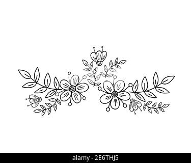 Fancy flowers arrangement, leaves simple vector minimalist concept outline illustration, thin line hand drawn floral ornament for invitations, greeting cards, banner, booklet design Stock Vector