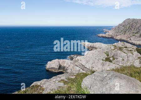 View from the craggy Brufjell mountains to the North Sea; Hiking at the coast in Southern Norway Stock Photo