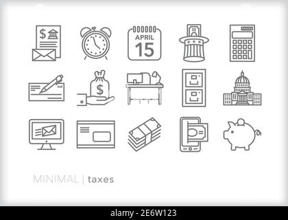 Set of 15 taxes line icons for receiving taxes due bill, getting accounting help, doing finances, paying taxes and getting a refund Stock Vector