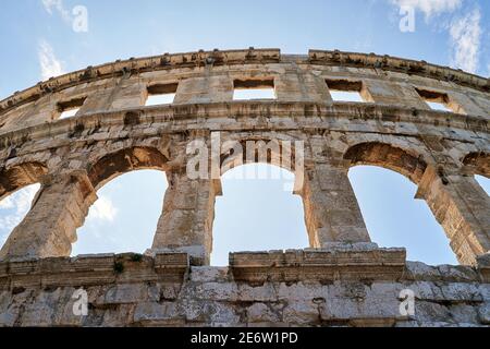 Ancient Roman amphitheater arena ruins in Pula, Croatia. Stock Photo