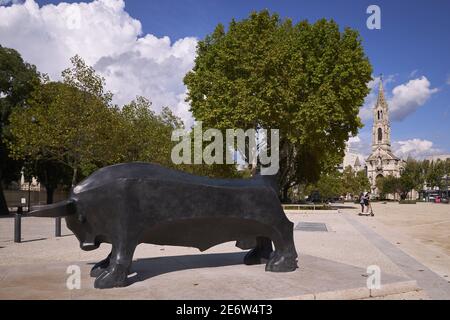 France, Gard, Petite Camargue, Le Grau-du-Roi, statue of a bull