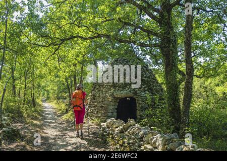France, Lot, Lendou-en-Quercy, Lascabanes hamlet, hike on the Via Podiensis, one of the pilgrim routes to Santiago de Compostela or GR 65, dry stone hut Stock Photo