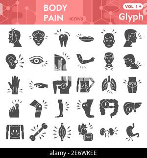 Body pain solid icon set, Pain in human body symbols collection or sketches. Male body parts glyph style signs for web and app. Vector graphics Stock Vector