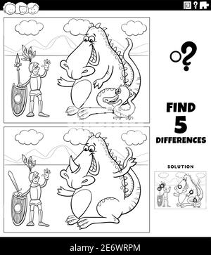 Black and white cartoon illustration of finding the differences between pictures educational game with knight and dragon fantasy characters coloring b Stock Vector