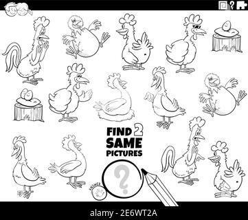 Black and white cartoon illustration of finding two same pictures educational task with chickens farm animal characters coloring book page Stock Vector