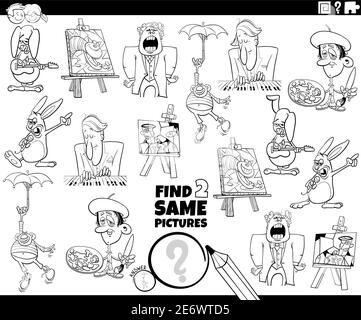 Black and white cartoon illustration of finding two same pictures educational task with comic characters coloring book page Stock Vector