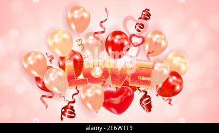 Inscription Love with realistic air balloons, hearts, shining swirling streamers. Holiday design for Valentines day, wedding, party. Vector Stock Vector