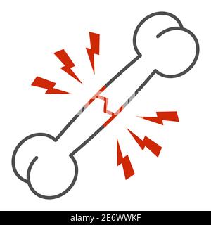 Broken bone hurts thin line icon, Healthcare concept, Bone fracture sign on white background, bone with lightning icon in outline style for mobile Stock Vector