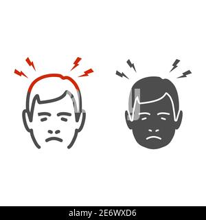 Headache line and solid icon, Body pain concept, Lightnings above mans head sign on white background, person man with headache symptoms icon in Stock Vector