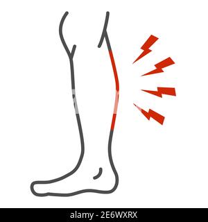 Shin hurts thin line icon, Body pain concept, Shin pain sign on white background, leg injured in shin area icon in outline style for mobile concept Stock Vector