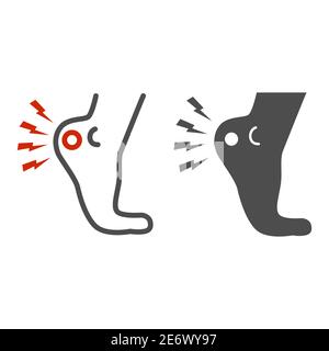 Heel pain line and solid icon, Body pain concept, foot ache sign on white background, Human foot with painful sore icon in outline style for mobile Stock Vector