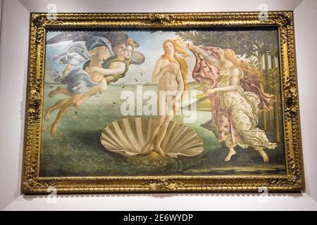 Italy, Tuscany, Florence, historic center listed as World Heritage by UNESCO, museum in Galleria degli Uffizi (Uffizi Gallery), Sandro Botticelli, The Birth of Venus (la nascita di Venere) painted in 1485 Stock Photo