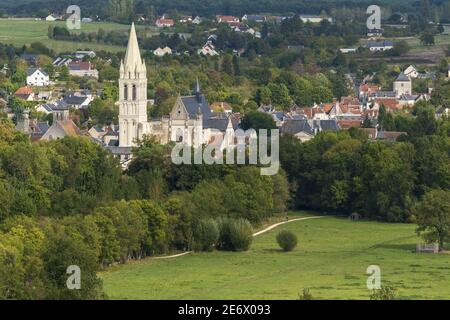 France, Indre et Loire, Beaulieu les Loches, the spire of the Grand Clocher of the abbey which is more than 1000 years old, 64 metres tall and completely rebuilt in 2016-2017 Stock Photo